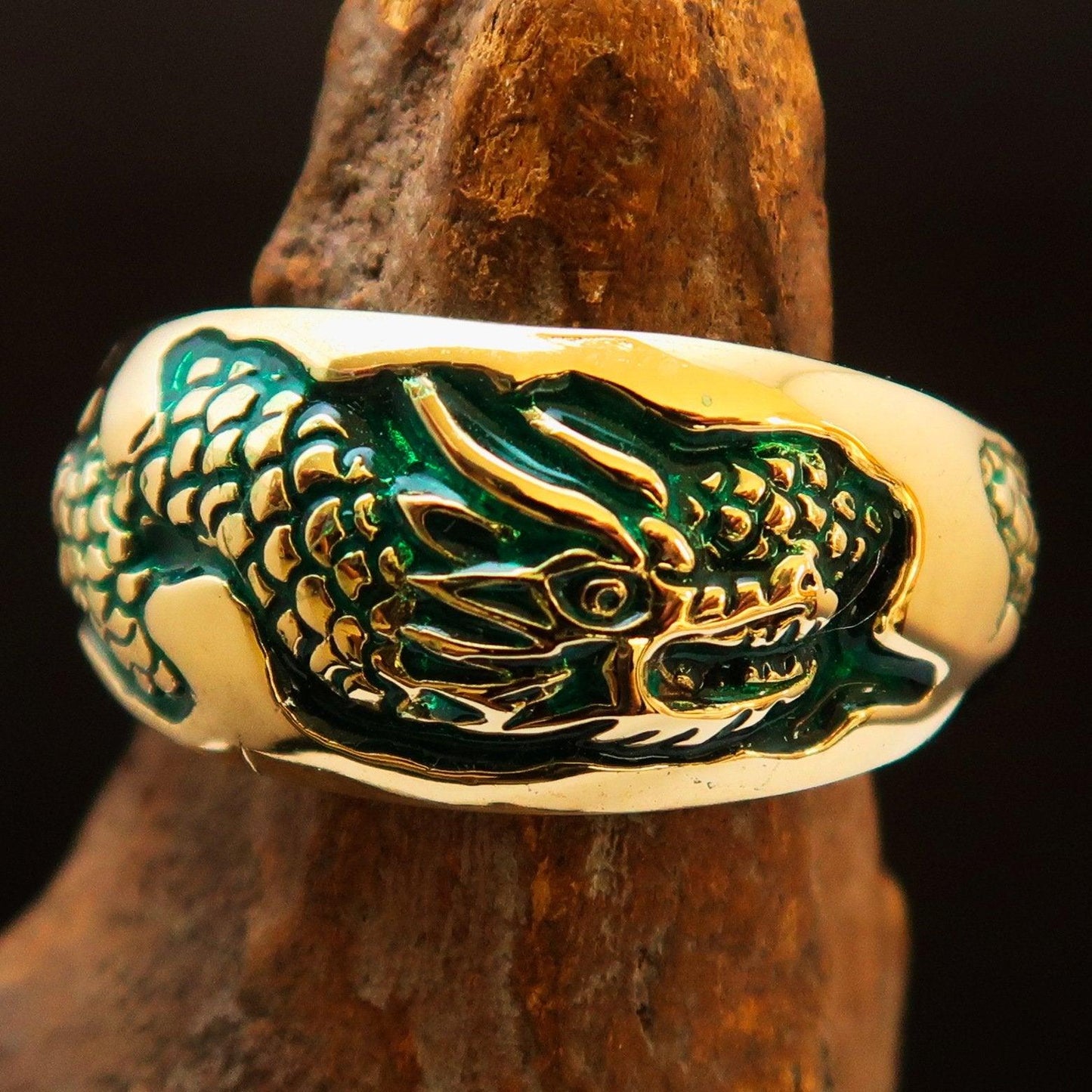 Excellent crafted Men's Band Ring Dragon Snake Green - Brass