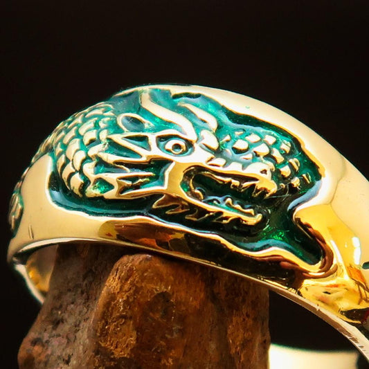 Excellent crafted Men's Band Ring Dragon Snake Green - Brass